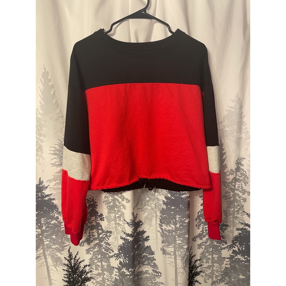Slightly Cropped Drawstring Color Block Sweater